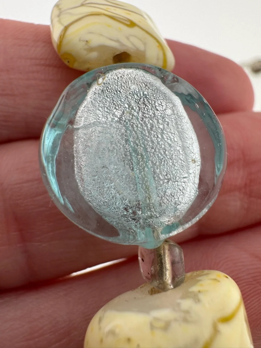 Aqua Glass & Cream Marbled Foil Glass Bead Necklace 8 inch drop